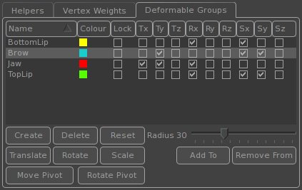 The motion groups used to track a face listed in a table
