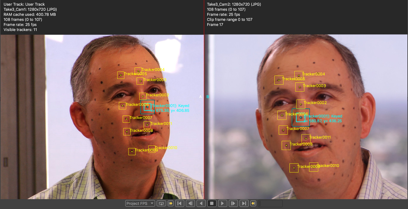 Trackers placed on an actress for motion capturing