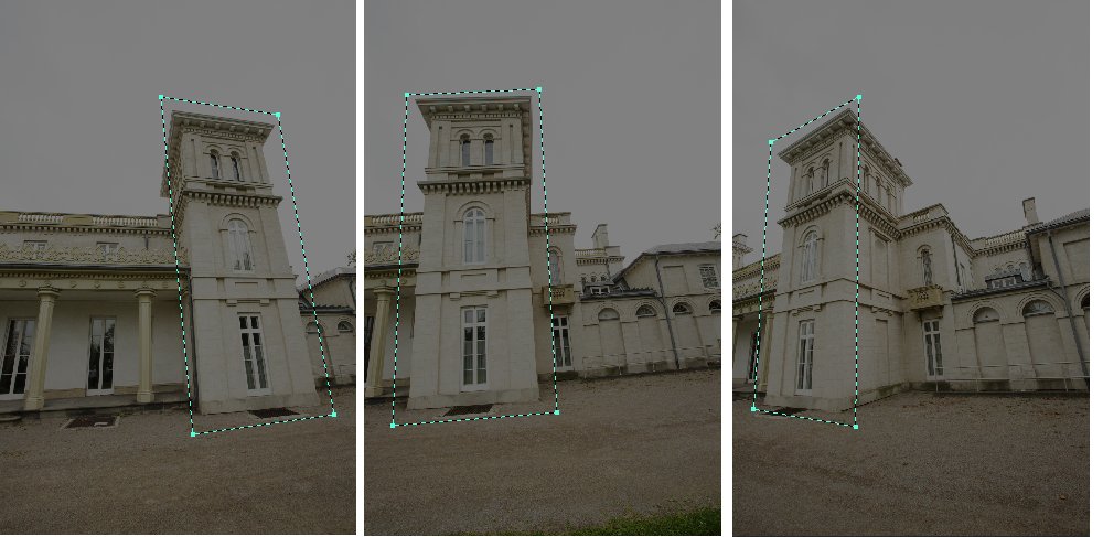 Three views of a building with a region covering the front