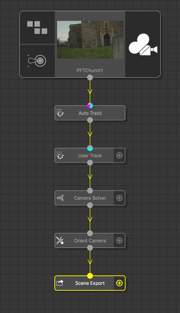 Tracking tree with Auto Track, User Track, Camera Solver, Orient Camera and Scene Export nodes