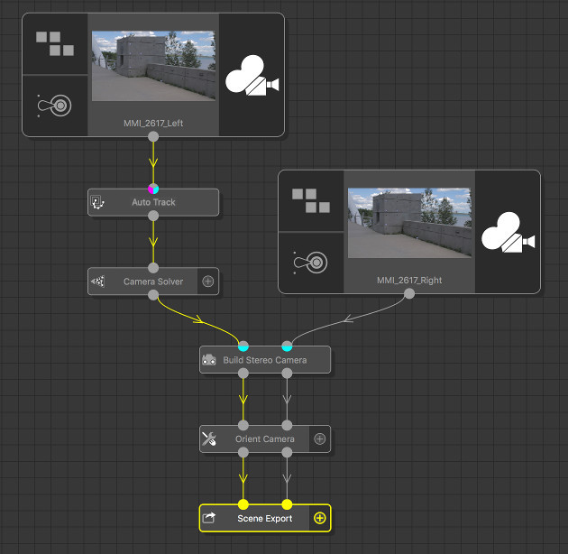 Tree where first the left eye clip is solved, then a Build Stereo Camera node used to add the right eye clip.