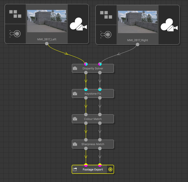Tree with left and right eye clips connected to Disparity Solver, Keystone Fix, Colour Match, Sharpness Match, Disparity Adjust and Export nodes